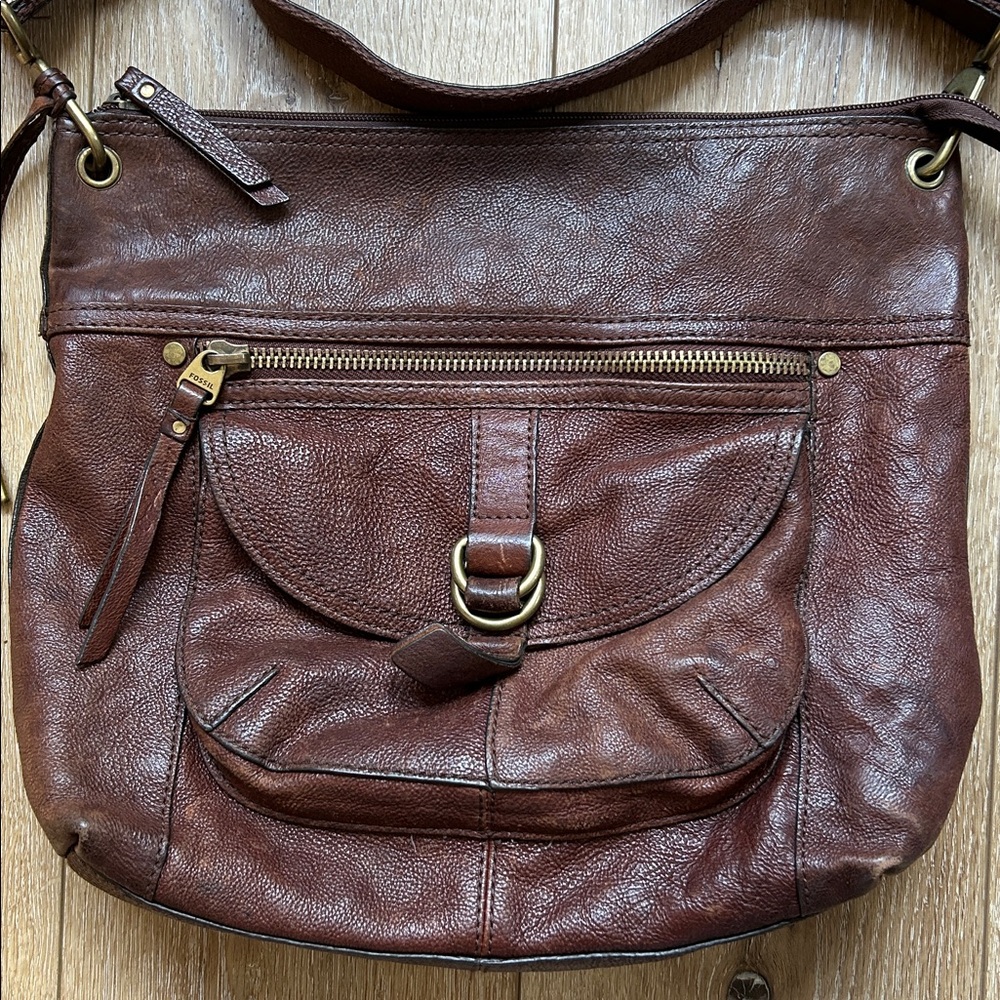 Vintage Fossil 1954 Pebbled Brown Leather Crossbody Shoulder Bag Purse - Picture 2 of 11